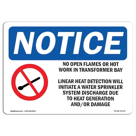 Signmission OSHA Sign, No Open Flames Or Hot Work In With Symbol, 24in X 18in Decal, 24" W, 18" H, Landscape OS-NS-D-1824-L-14709